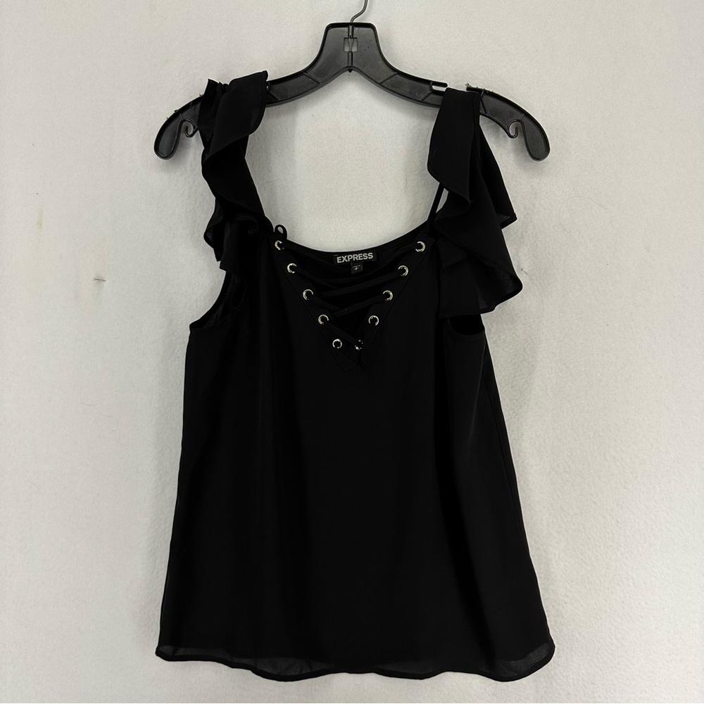 Express Ruffle Cold Shoulder Blouse Front Lace‎ Up Petite Small Black